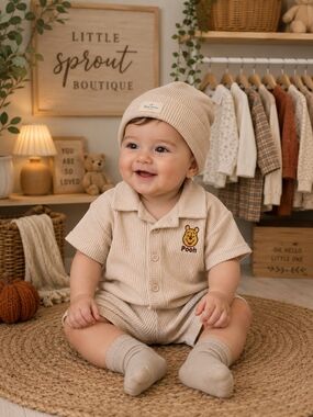 NWT Disney Baby Winnie the Pooh 3-6M Waffle Knit Shirt Shorts Set (No Hat)